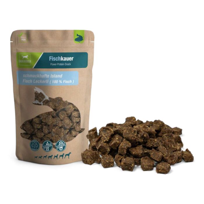 Islandfisch Leckerlies knusprig gesunde Hundesnack Probierangebot 125g mit Verpackung