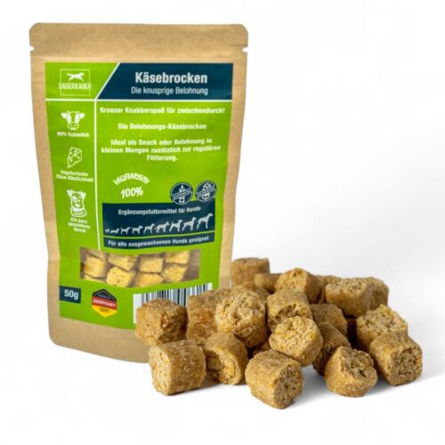 Kaesebrocken Leckerlies knusprig veganer Hundesnack Probierangebot 50g mit Verpackung