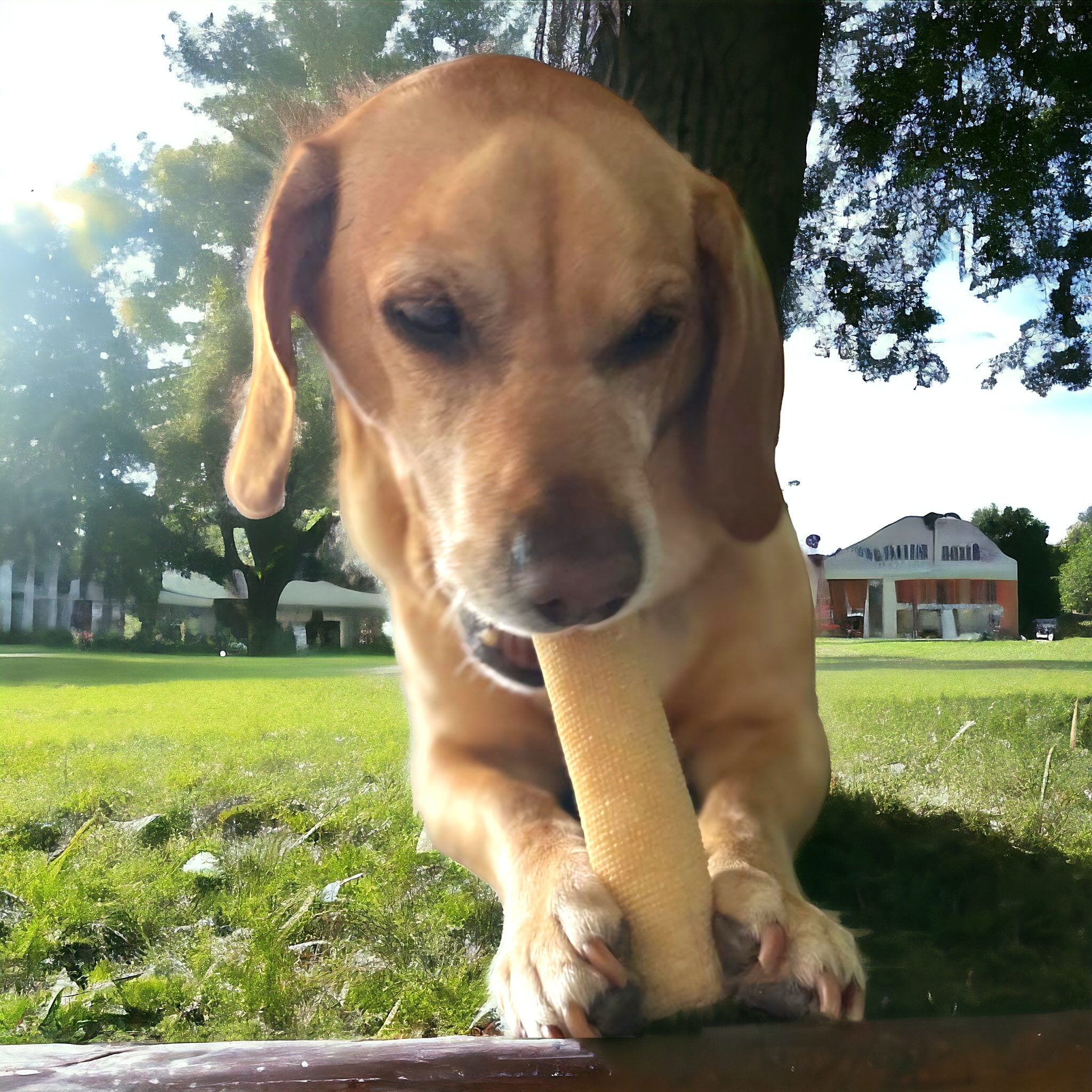 Käsekauknochen aus schmackhaften vegetarischer Hartkäse von Dauerkauer mit mittelgroßem Hund kauend