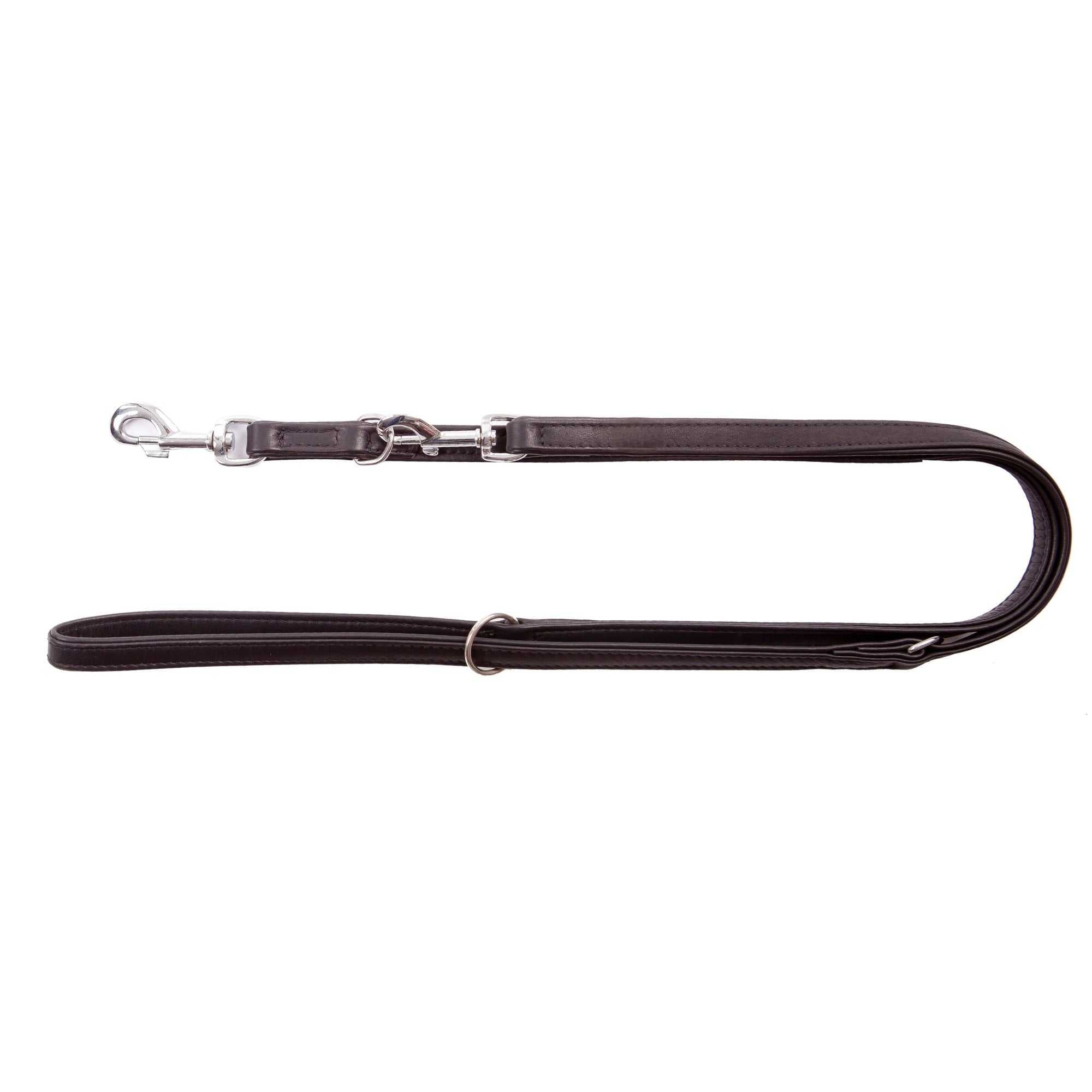 verstellbare Hundeleine aus hochwertigem schwarz-braunem Rindsleder mit rostfreiem Karabiner und dreifacher Längenverstellung