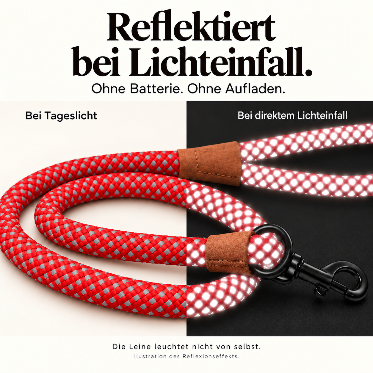 Reflektionsleine© mit Handschlaufe und veganem Leder in 4 Farben und Varianten – Bild 2