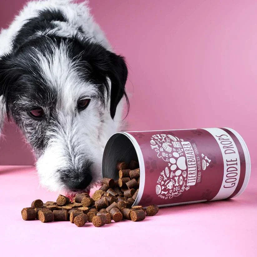 Dog enjoying Tierliebhaber Chillout Drops for calming and relaxation, with natural ingredients like valerian, St. John's wort, and lavender, in a pink background setting.