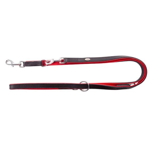 Adjustable black and red leather dog leash, premium quality.