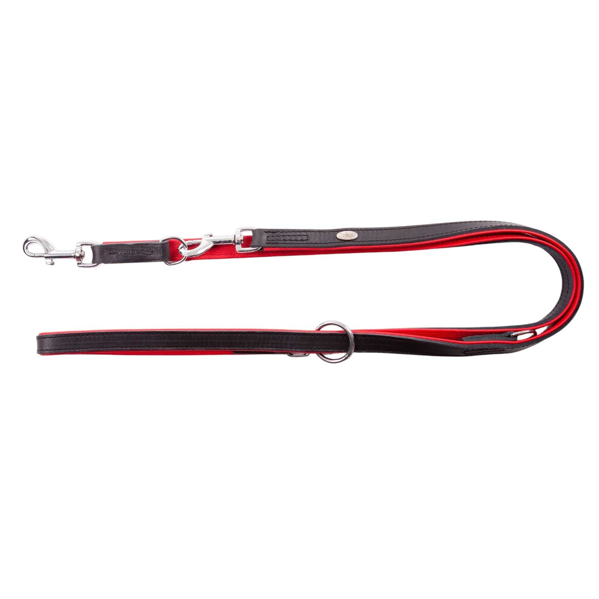 Adjustable black and red leather dog leash, premium quality.